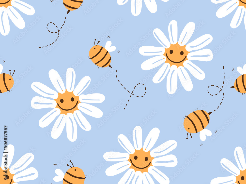 Seamless pattern with daisy flower and bee cartoons on blue background vector illustration. Cute childish print.