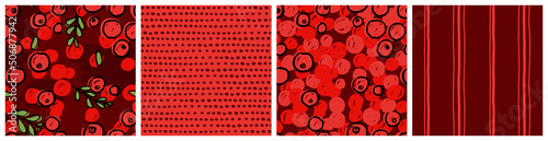 Cranberry seamless pattern set. Colorful red abstract berry vector textile print. Trendy hand drawn design for jam or nectar product packaging background or summer fashion fabric.