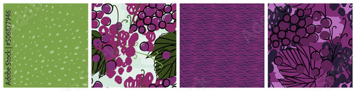 Grape seamless pattern dark set. Abstract fruit vector textile print in purlpe and green colors. Trendy hand drawn design for juice product packaging background or summer fashion fabric. photo