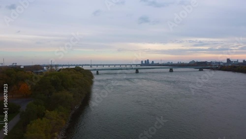 Wallpaper Mural river, bridge, aerial drone view of saint-Laurent river, Montreal, Quebec, Canada Torontodigital.ca