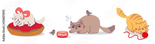 Vector set of illustration with happy different cat character on white background. Flat line art style design of group of animal cat with basket, milk and ball of yarn