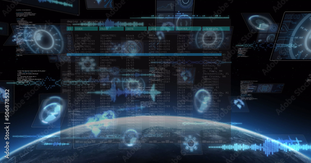 Image of data processing on screens over glowing star and planet earth Image of data processing on screens over glowing star and planet earth