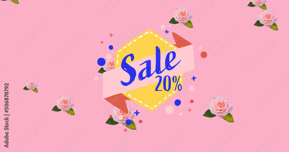 Image of sale text over flowers on pink background