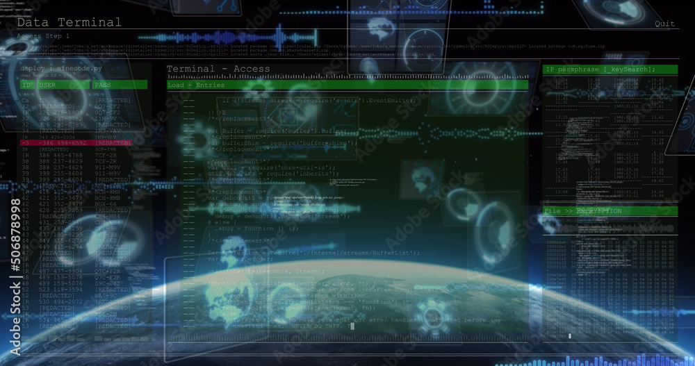 Image of scopes scanning on screens with data processing over planet earth