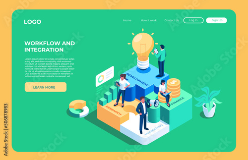 Office workflow and department integration isometric vector illustration concept
