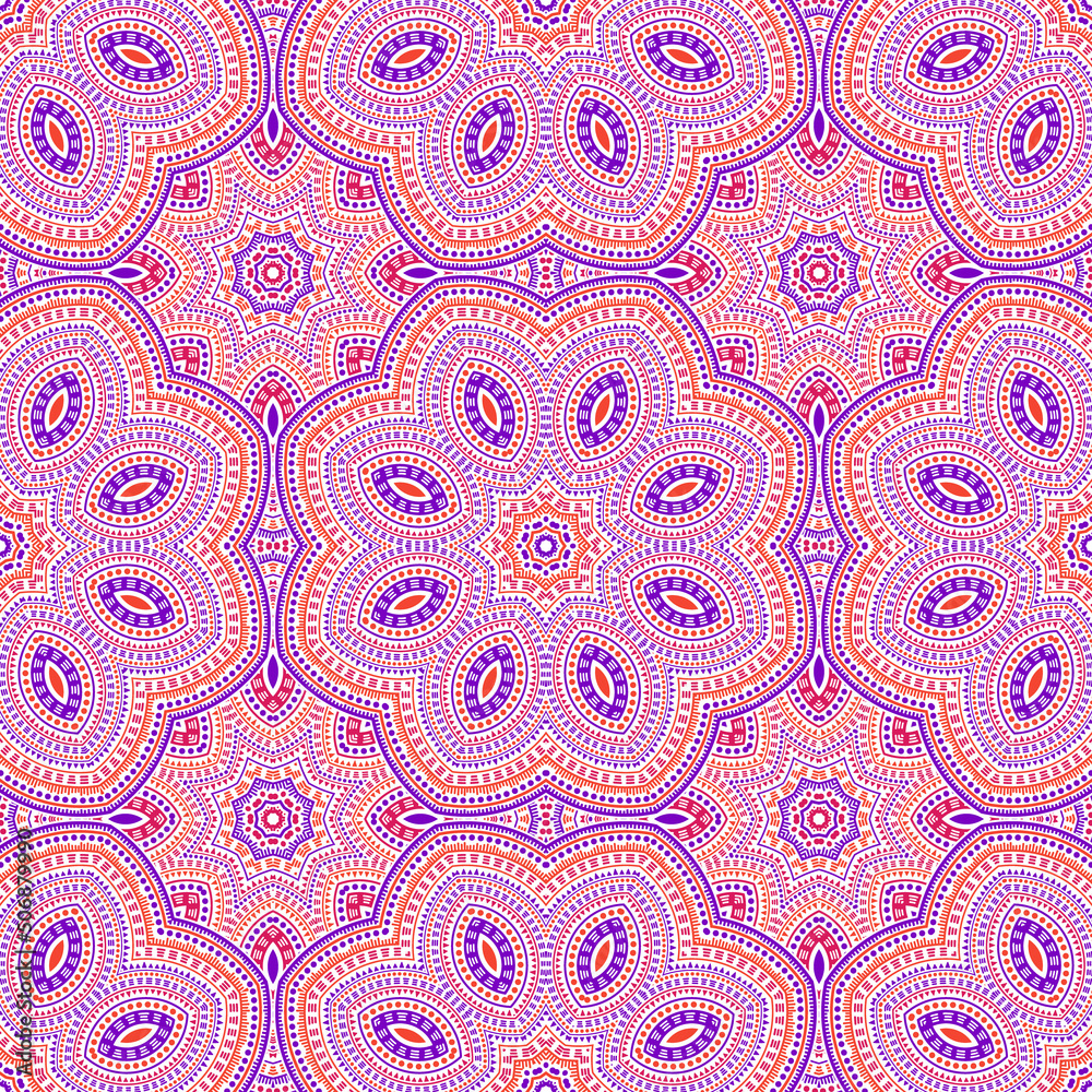 Turkish authentic floral vector seamless pattern. Fabric print design. Abstract asian ornament. Wall decor design. Circles and lines elements texture.