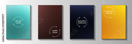 Modern dot perforated halftone front page templates vector set. Geometric banner faded halftone