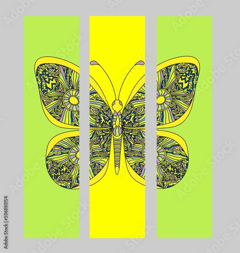Set of bookmarks with colorful tropical butterfly in zentangle style.