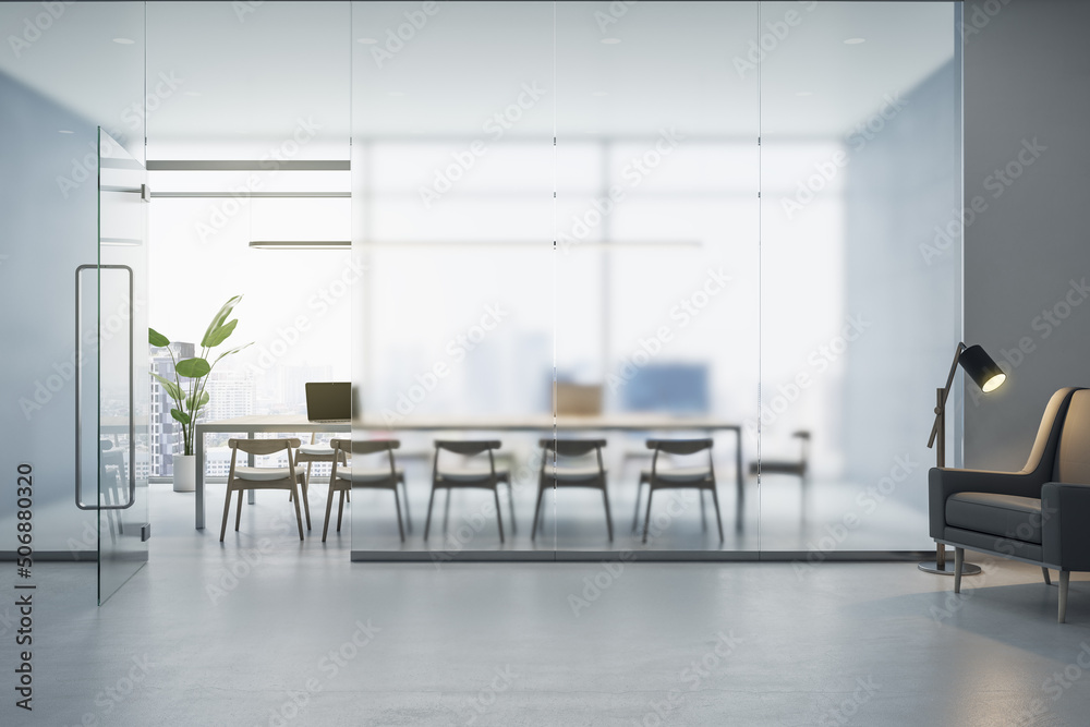 Fototapeta premium Front view on matt glass wall of light spacious conference room with cozy furniture in office with concrete floor and stylish armchair. 3D rendering