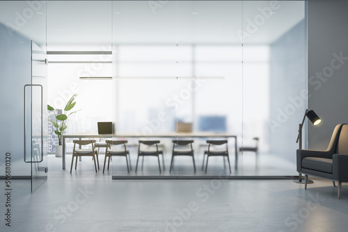 Front view on matt glass wall of light spacious conference room with cozy furniture in office with concrete floor and stylish armchair. 3D rendering