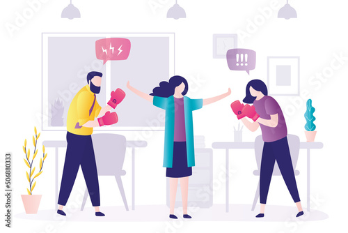 Manager tries to prevent fight between colleagues. Woman ready to fight man because of discrimination and bullying