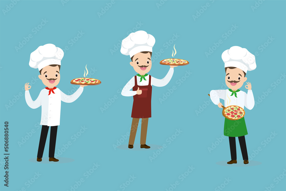 Set of chefs holding freshly baked pizzas. Traditional Italian food dish. Man in apron and cap holds delicious pizza Set of chefs holding freshly baked pizzas. Traditional Italian food dish. Man in apron and cap holds delicious pizza
