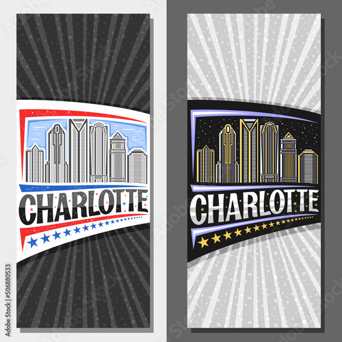 Vector vertical layouts for Charlotte, decorative leaflet with line illustration of charlotte city scape on day and dusk sky background, art design tourist card with unique letters for word charlotte
