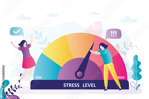 Female character trying to reduce stress levels. Tense girl pulls arrow of stressmeter down