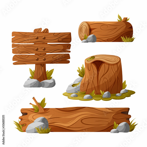 Set of wooden logs, stump, board pointer, vector illustration, cartoon style, wood elements with stones, plants, grass, oak leaves, rest in the forest in summer, camping