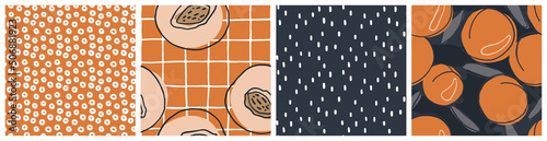 Whole and half peach seamless pattern set. Abstract fruit vector textile print in terracotta and black earth colors. Trendy hand drawn design for nectar or jam product packaging background or summer f