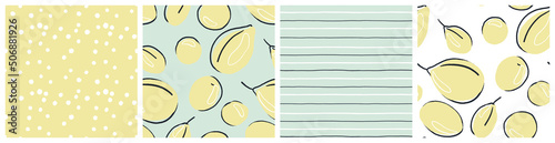 Yellow plum seamless pattern set. Abstract fruit vector textile print in pastel colors. Trendy hand drawn design for nectar or jam product packaging background or summer fashion fabric.