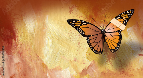 Beautiful butterfly injured with bandaid bandage on abract paint stroke graphic background photo