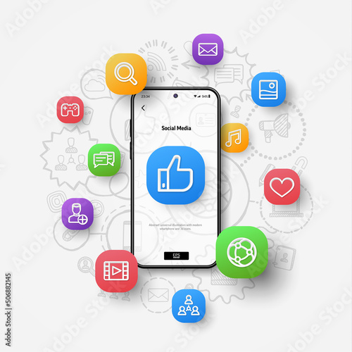 Social media network connection, digital market communication, online business concept. Realistic smartphone mockup, 3d icons flying over screen on hand drawn sketch, doodle design background. Vector