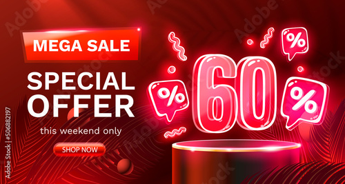 Mega sale special offer, Neon 60 off sale banner. Sign board promotion. Vector