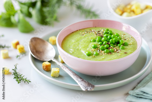 Healthy cream pea soup in a bowl