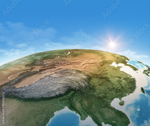 Physical map of Planet Earth, focused on China, East Asia. Satellite view, sun shining on the horizon. 3D illustration - Elements of this image furnished by NASA photo