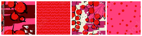 Red currant seamless pattern set. Colorful abstract berry vector textile print in red and pink colors. Trendy hand drawn design for product packaging background or summer fashion fabric.