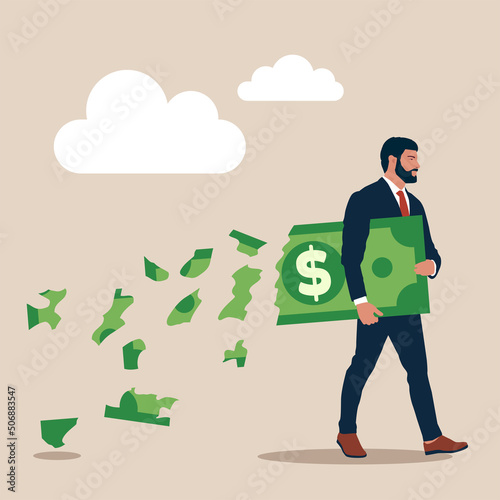 Businessman holding big dollar banknote money while loss, crumble and reduce in value. Lose money investment in financial crisis, profit and loss in business or deflation and inflation concept.