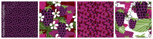 Blackberry seamless pattern set. Abstract bramble berry and flower vector textile print in purlpe and green colors. Trendy hand drawn design for nectar or jam product packaging background photo