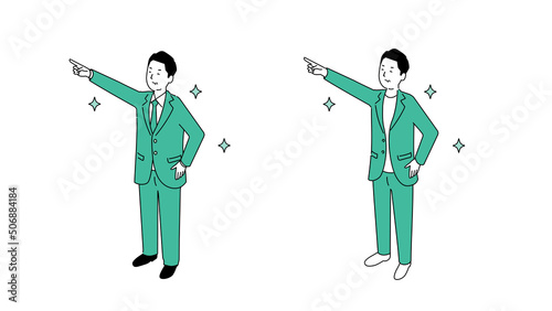 笑顔で指差す見た目の若い中年男性のイラスト、アイソメトリック、ベクター