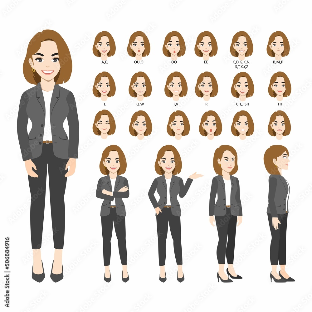 Business woman Character Model sheet with Mouth Animation .Lip Sync Creation. various views and face emotions. vector illustration Business woman Character Model sheet with Mouth Animation .Lip Sync Creation. various views and face emotions. vector illustration