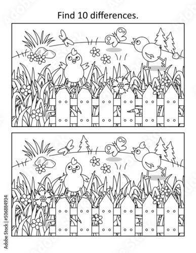 Chicks and butterflies find 10 differences picture puzzle and coloring page with fence, grass and wildflowers
