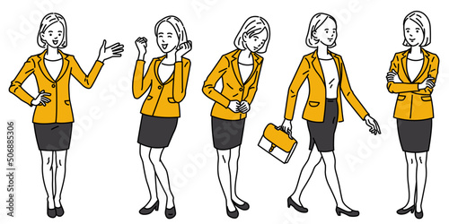 Various poses of young businesswoman, presenting, holding fists with excited, bowing, walking with briefcase, standing confident. Cute character design, outline, linear, thin line art. 