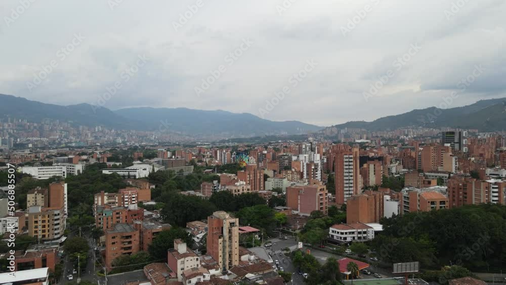 Flying up and backwards away to reveal large city, Medellin, Colombia Flying up and backwards away to reveal large city, Medellin, Colombia