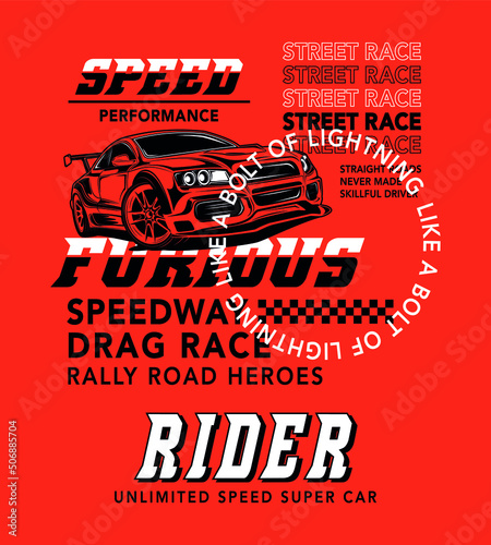 Speedway drag race, speed performance, super car vector illustration print