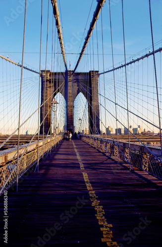 View of the Brooklyn Bridge with New York City skyline cable suspension bridge