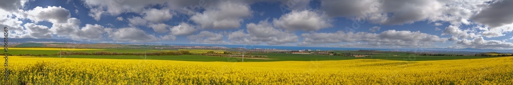 Panorama of the fields with a plant in a valley against the background of the village and the sky in Bulgaria