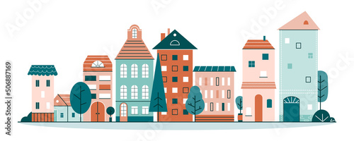 Cute city with little tiny houses in Scandinavian style. Street of little town with cozy homes and trees. Flat cartoon vector illustration isolated on white background