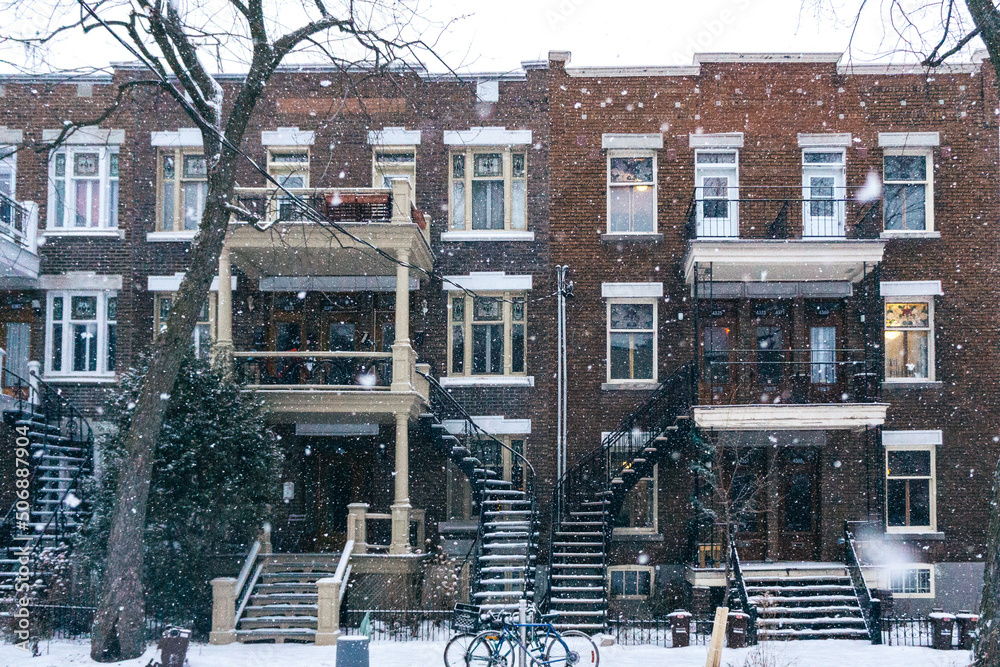 custom made wallpaper toronto digitalview on Montreal'S Plateau Mont Royal typical apartments buildings during a snowfall day in Quebec, Canada