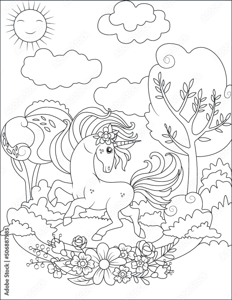 Obraz premium Funny unicorn coloring page for kids
