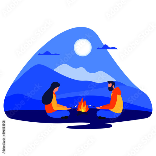 Young Couple Spending Time in Summer Camping, Man and Woman Characters Sitting near Campfire at Night Time Relaxing, Frying Marshmallow, Relax, Sparetime Square Banner Cartoon Flat Vector Illustration