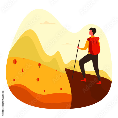 Man with backpack, traveller or explorer standing on top of mountain or cliff and looking on valley. Concept of discovery, exploration, hiking, adventure tourism and travel. Flat vector illustration.