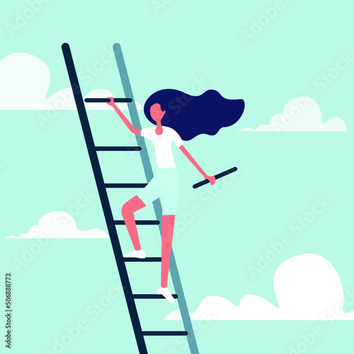 Business woman climbing the stairs in the sky. Ladder of success and career growth ambitions conceptual illustration vector.
