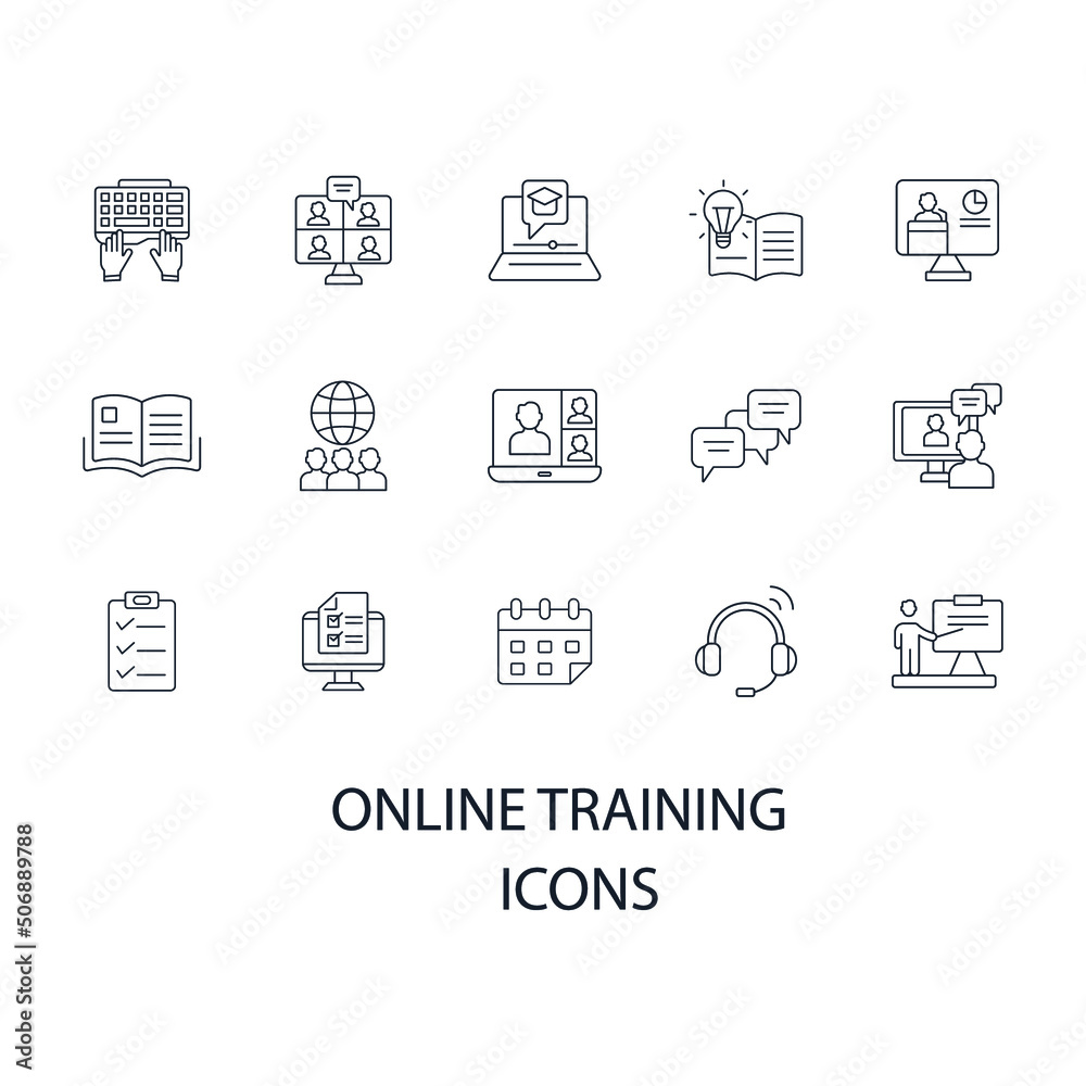 Online training icons set . Online training pack symbol vector elements for infographic web Online training icons set . Online training pack symbol vector elements for infographic web