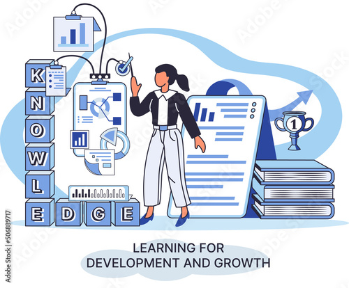 Learning development and growth. Self-learning metaphor, online emoloyee education distance e-learning. Skill improvement. Self development program way to success. Goal achieving professional training