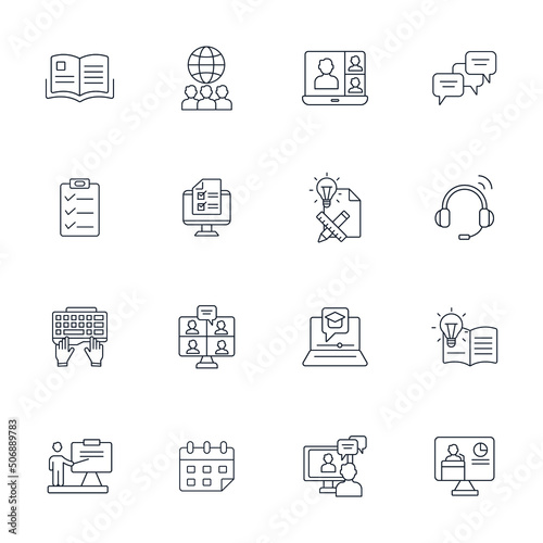 Online training icons set . Online training pack symbol vector elements for infographic web