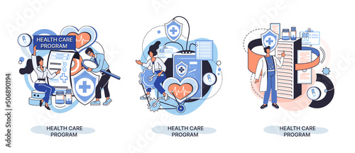Health care program metaphor, online medical services, protection medicine. Medical insurance, hospital services, preventive check up, sick leave certificate treatment diagnosis patients, telemedicine