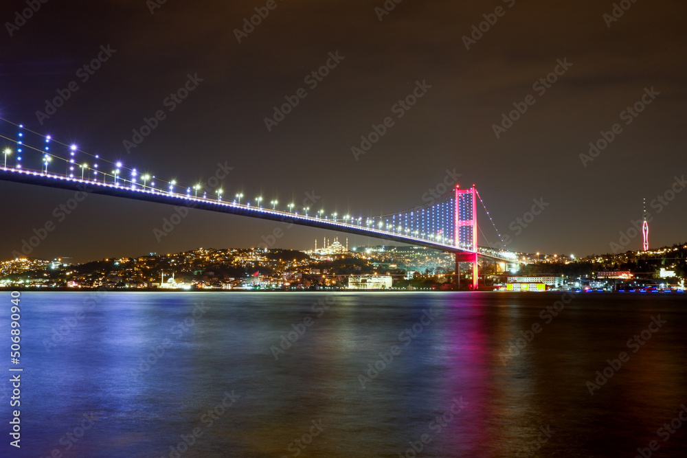 Stunning views of Istanbul cityscape over Bosphorus at night.