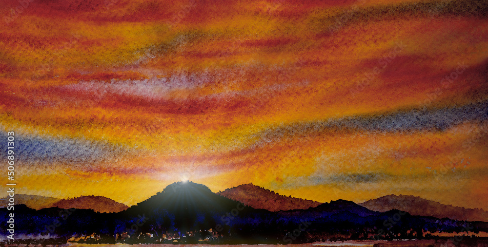 Paintings panorama colorful of sunrise on mountain in the morning