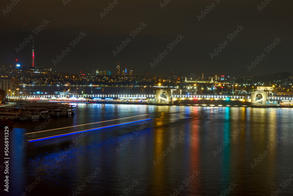 Stunning views of Istanbul cityscape over Bosphorus at night.